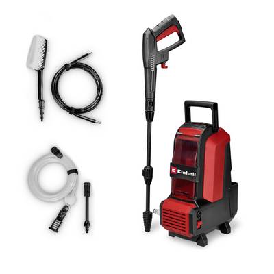Red-and-black electric pressure washer with spray gun, long wand, hose, and cleaning attachments shown on a white background.