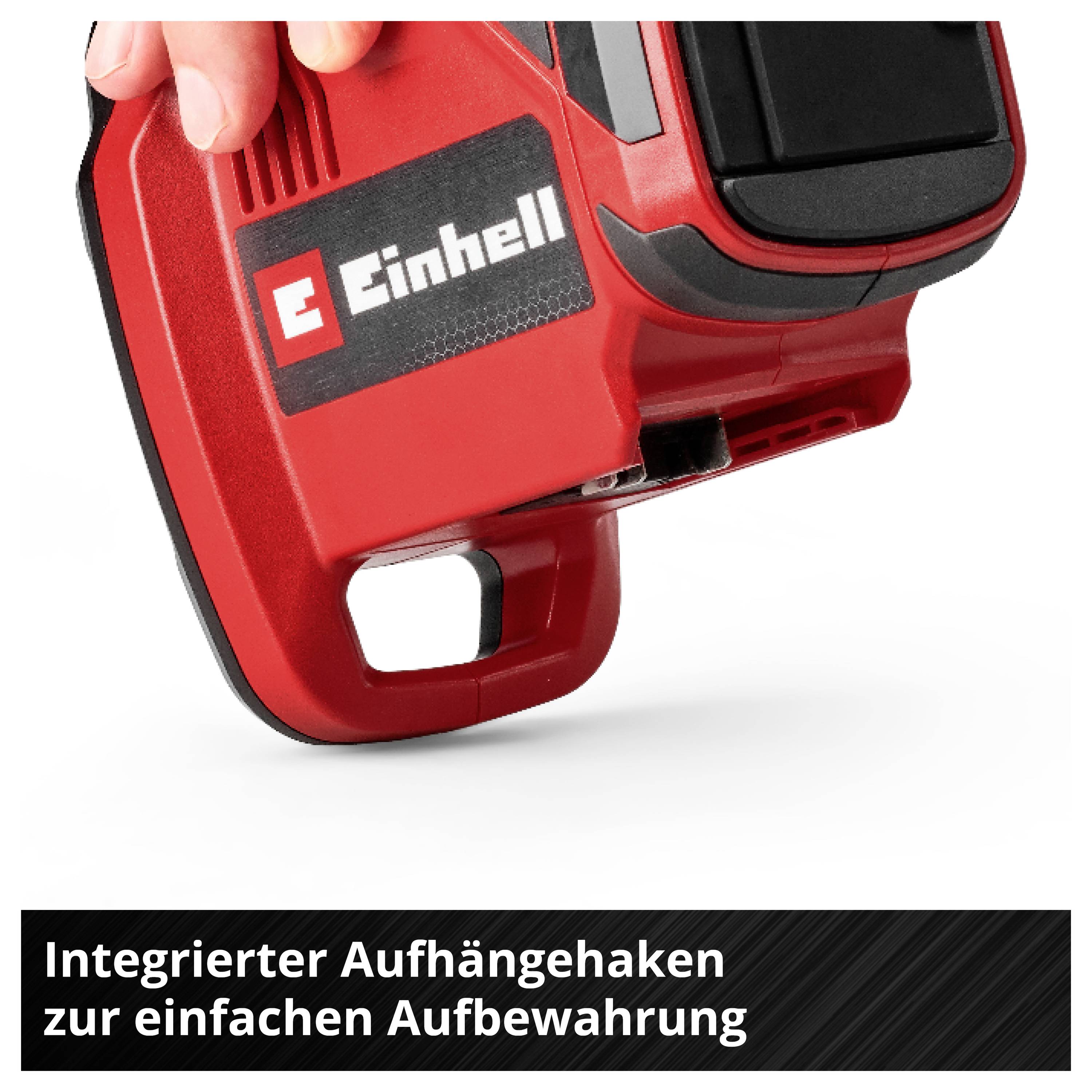 A red device with an integrated hanging hook for easy storage.