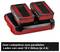 Two battery chargers for 18 V batteries, on a charging station. Text: 'Two charging spots for parallel charging of two 18 V batteries (4 A each)'.