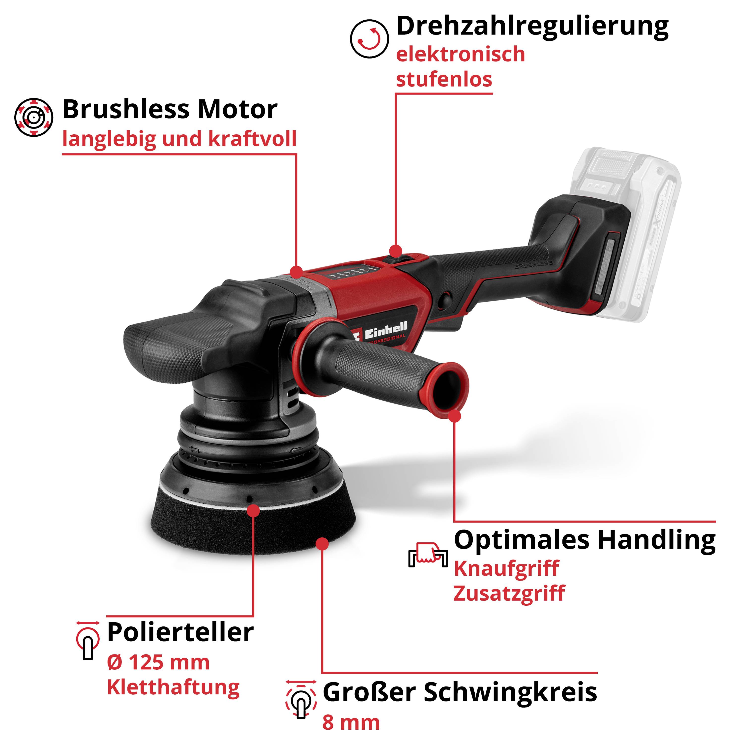 'Polisher with brushless motor, infinitely variable speed control, 125 mm polishing pad, 8 mm orbital stroke, ergonomic design.'
