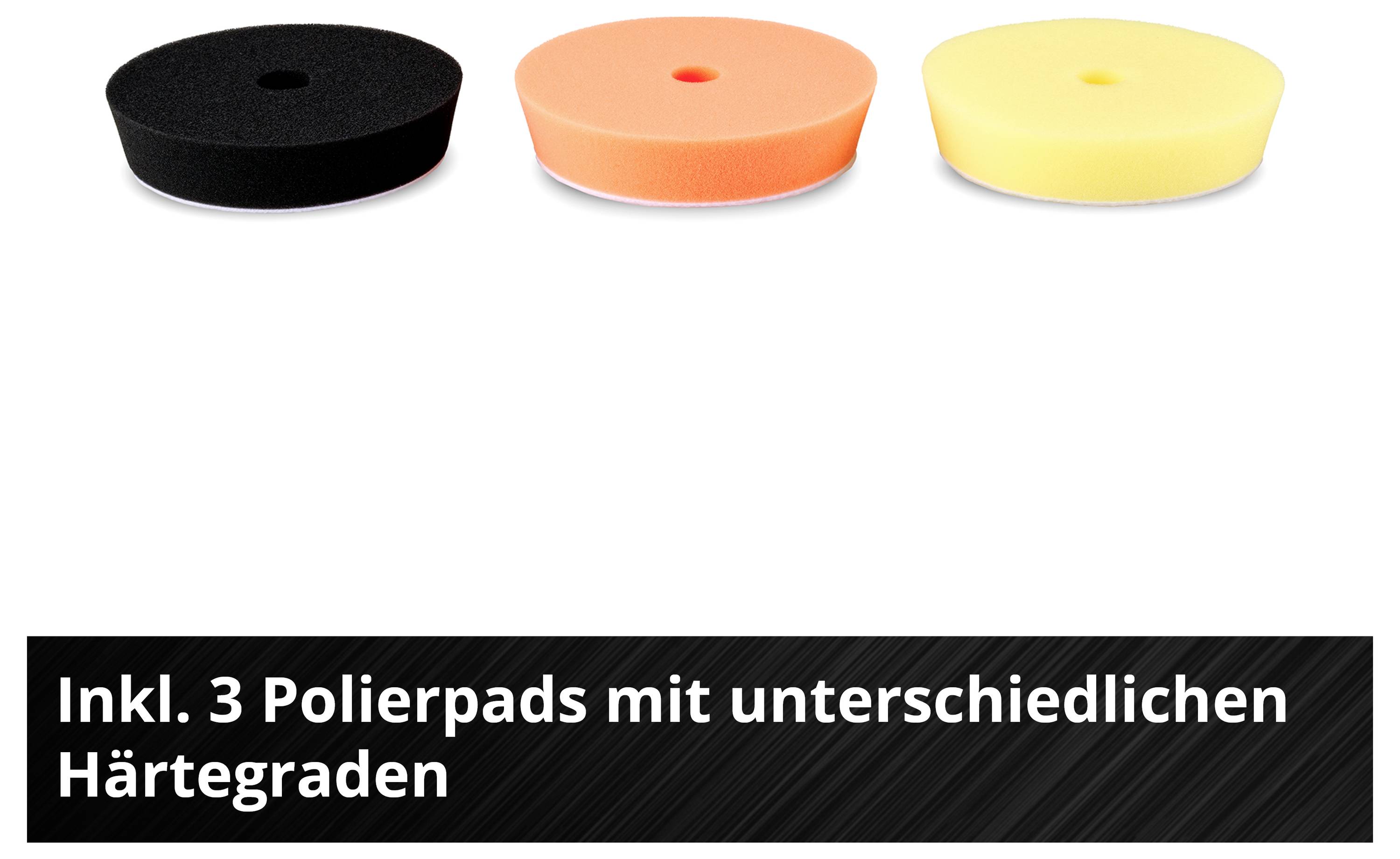 Three polishing pads in black, orange and yellow, each with different hardness levels.