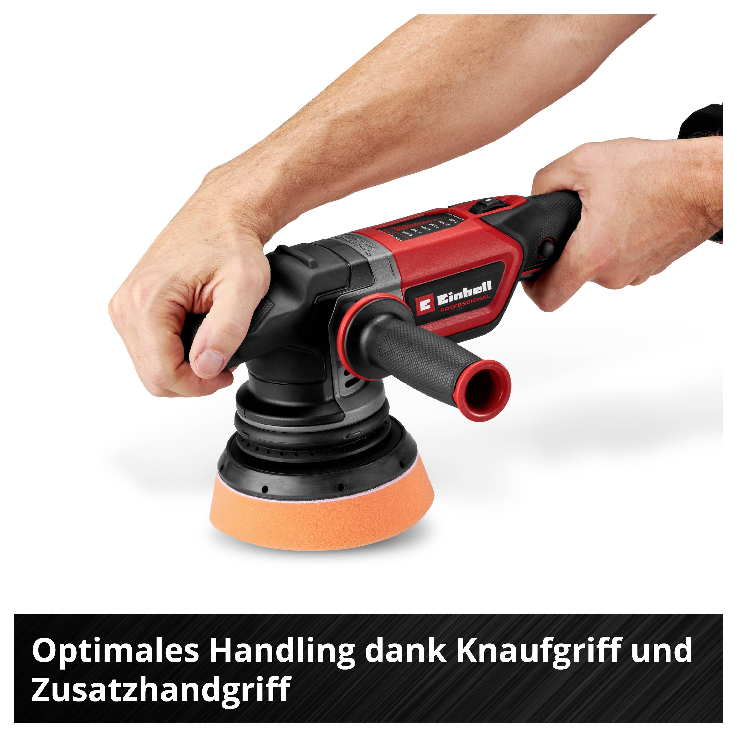 A person is holding an electric polisher with a red housing and an orange polishing pad. Text below: 'Optimal handling thanks to knob grip and additional handle'.