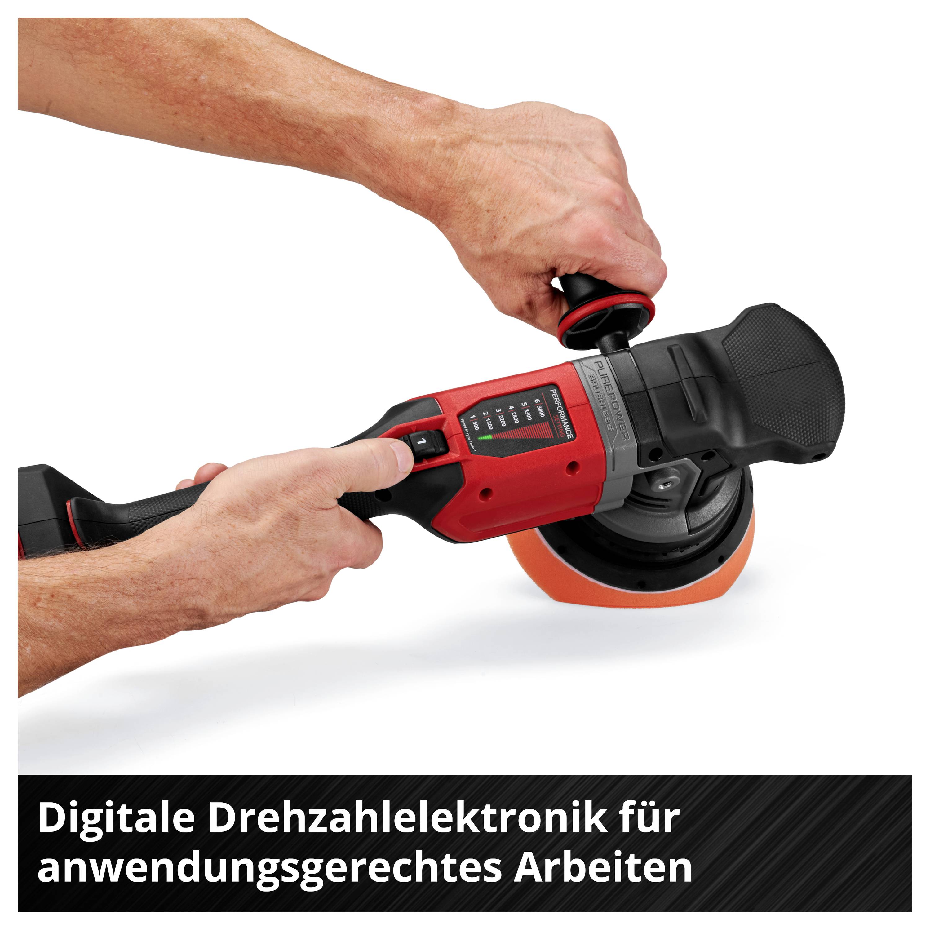 Person holding an electric grinding machine. Text underneath: 'Digital speed electronics for application-specific work'.