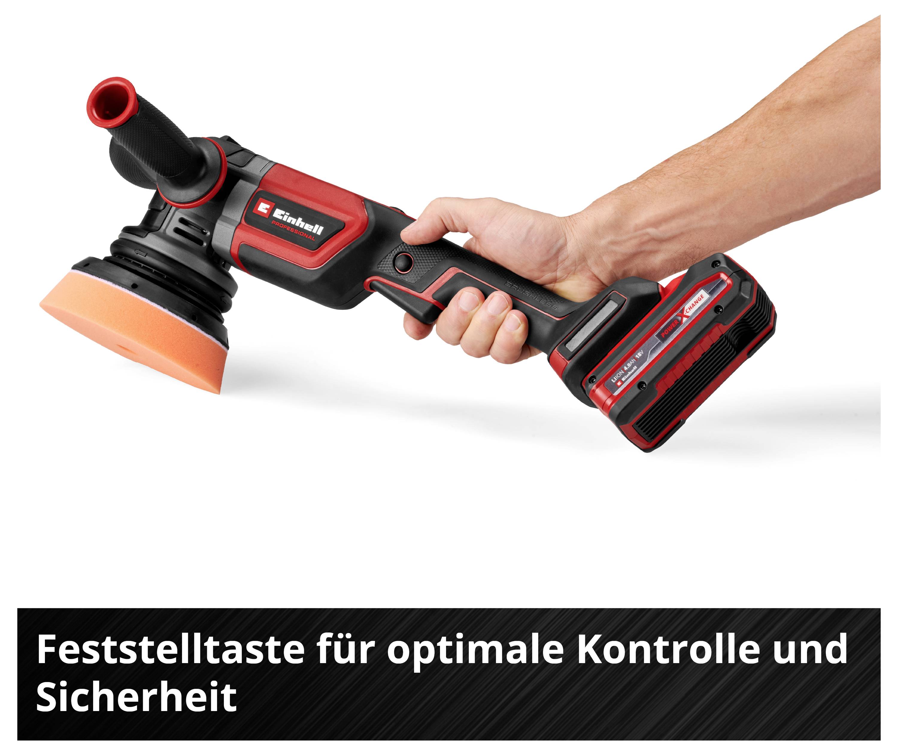 Battery polisher held in one hand, with the inscription 'Lock button for optimal control and safety'.