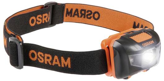 An orange and black headlamp, branded with 'OSRAM', featuring an adjustable strap and a small LED light on the front.
