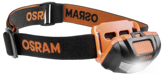 Black and orange OSRAM headlamp with adjustable strap, featuring an LED light for hands-free illumination in various outdoor conditions.