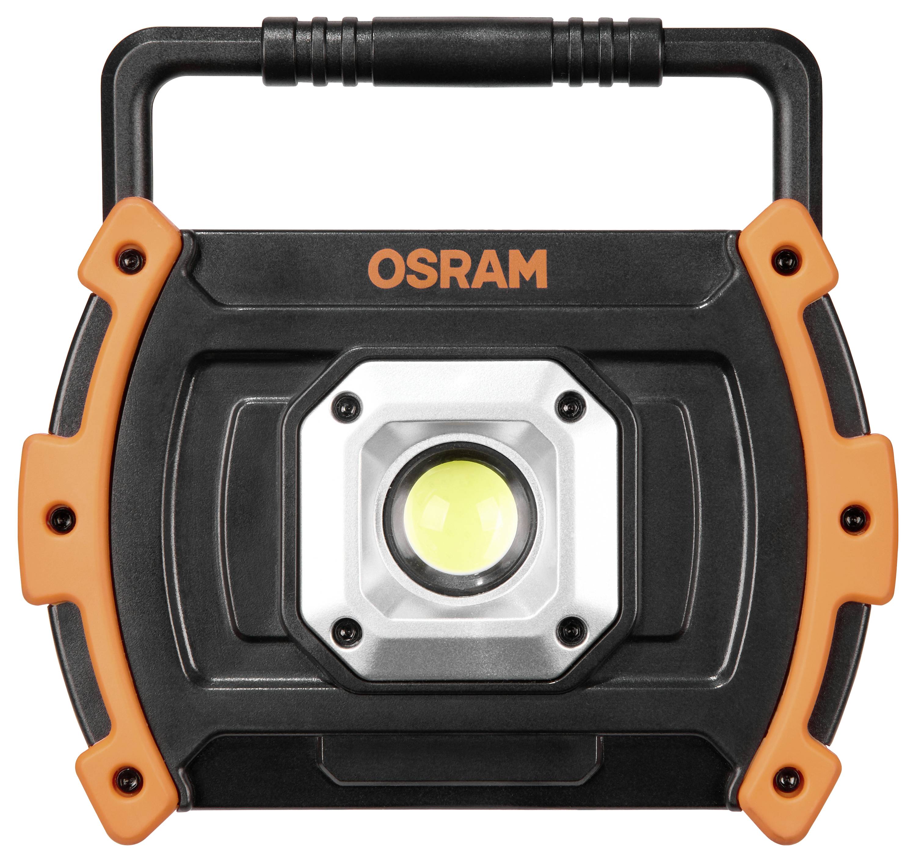Portable LED work light with a black and orange frame, labeled 'OSRAM' at the top, featuring a central bright circular light.