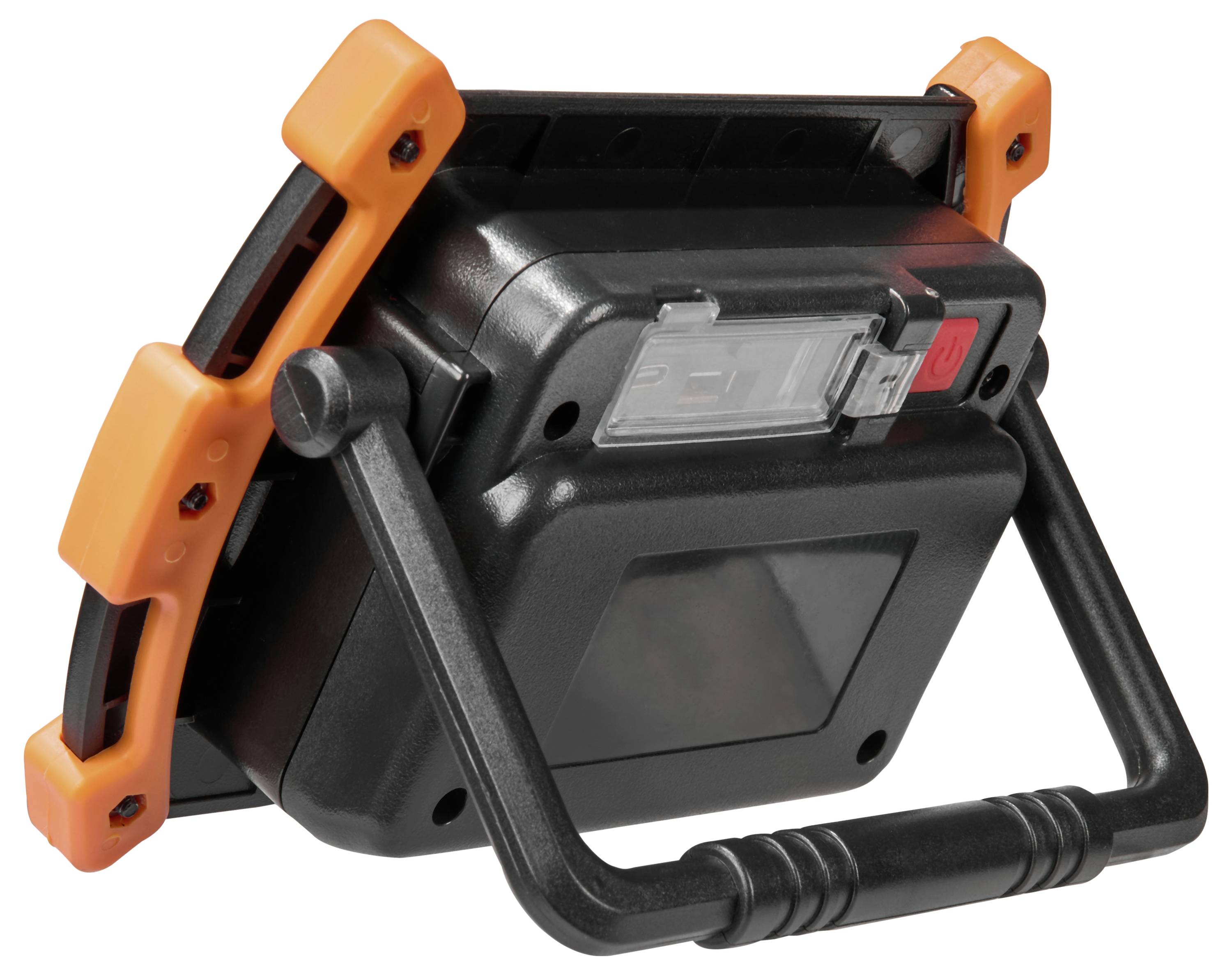 A portable outdoor work light with a black body and orange corners, featuring a handle for easy carrying and positioning.