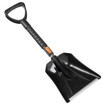 A black plastic shovel with an ergonomic handle and wide blade, designed for moving snow or dirt, displayed on a white background.