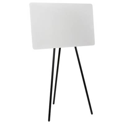 A blank white easel stand with three black legs, suitable for presentations or artwork display.