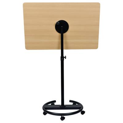 Mobile wooden tabletop on an adjustable black stand with wheels, designed for presentations or lectures.