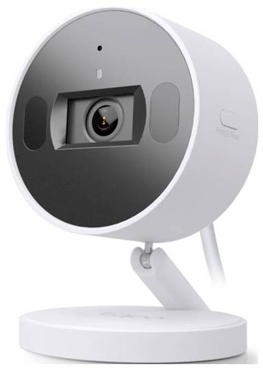 A small, white smart home security camera with a circular design, mounted on a swivel base, suitable for indoor monitoring.