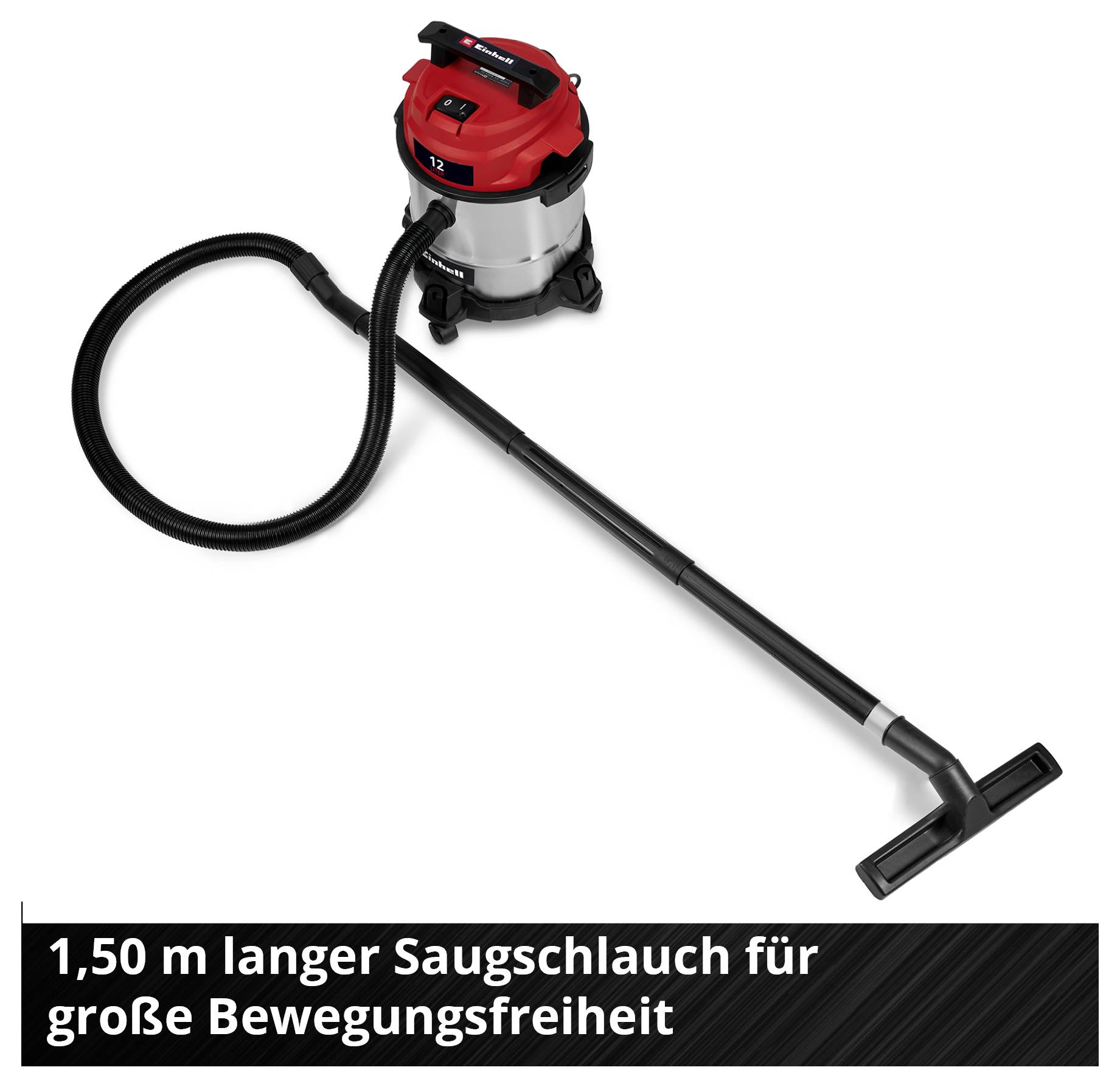 Industrial vacuum cleaner with a red housing and a 1.5 m long suction hose that enables movement. Text: '1.50 m long suction hose for great freedom of movement'.