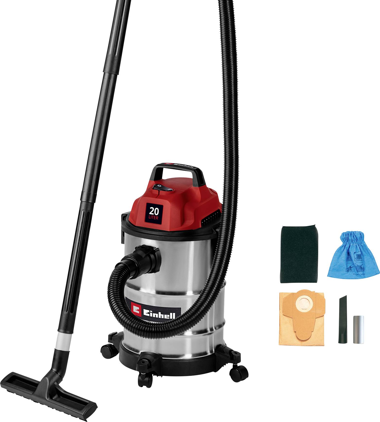 A red and silver vacuum cleaner with various attachments and bags shown alongside, indicating versatility and functionality.