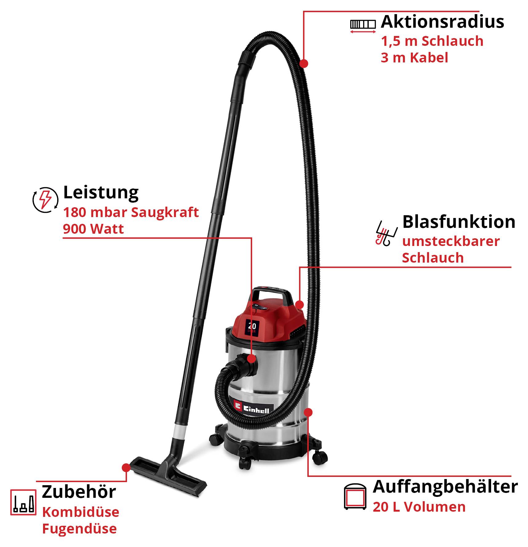 'Wet and dry vacuum cleaner with 20 L collection container, 900 Watt power, 180 mbar suction power, blower function, 1.5 m hose, 3 m cable.'