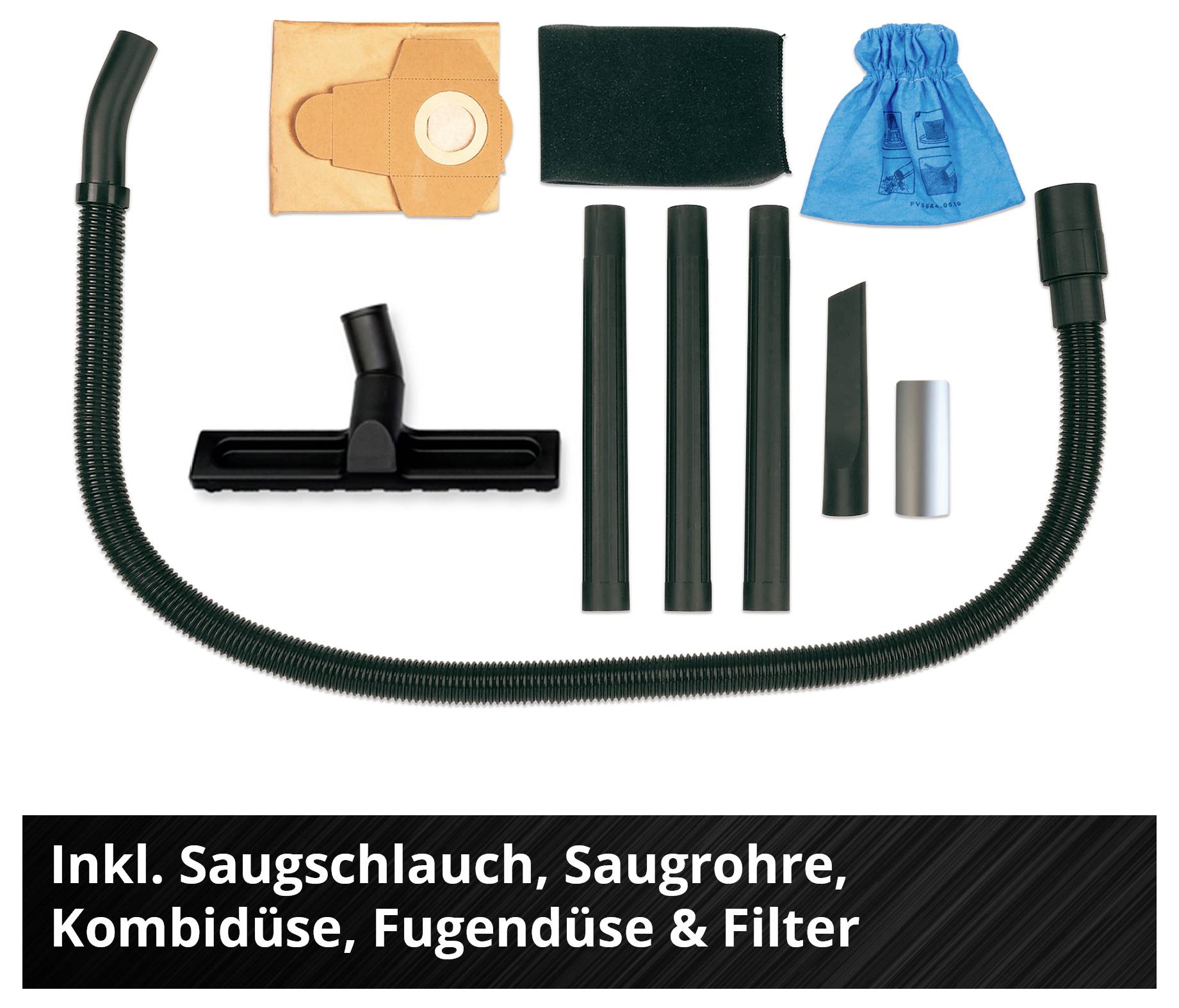 Contains suction attachment with hose, pipes, combi nozzle, crevice nozzle, dust bag, filter and bag.