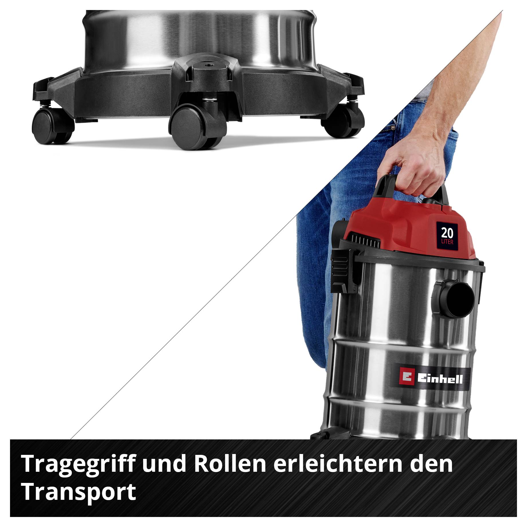 Einhell wet and dry vacuum cleaner with a red lid, silver body and wheels; Text: 'Carry handle and wheels make transportation easier'.