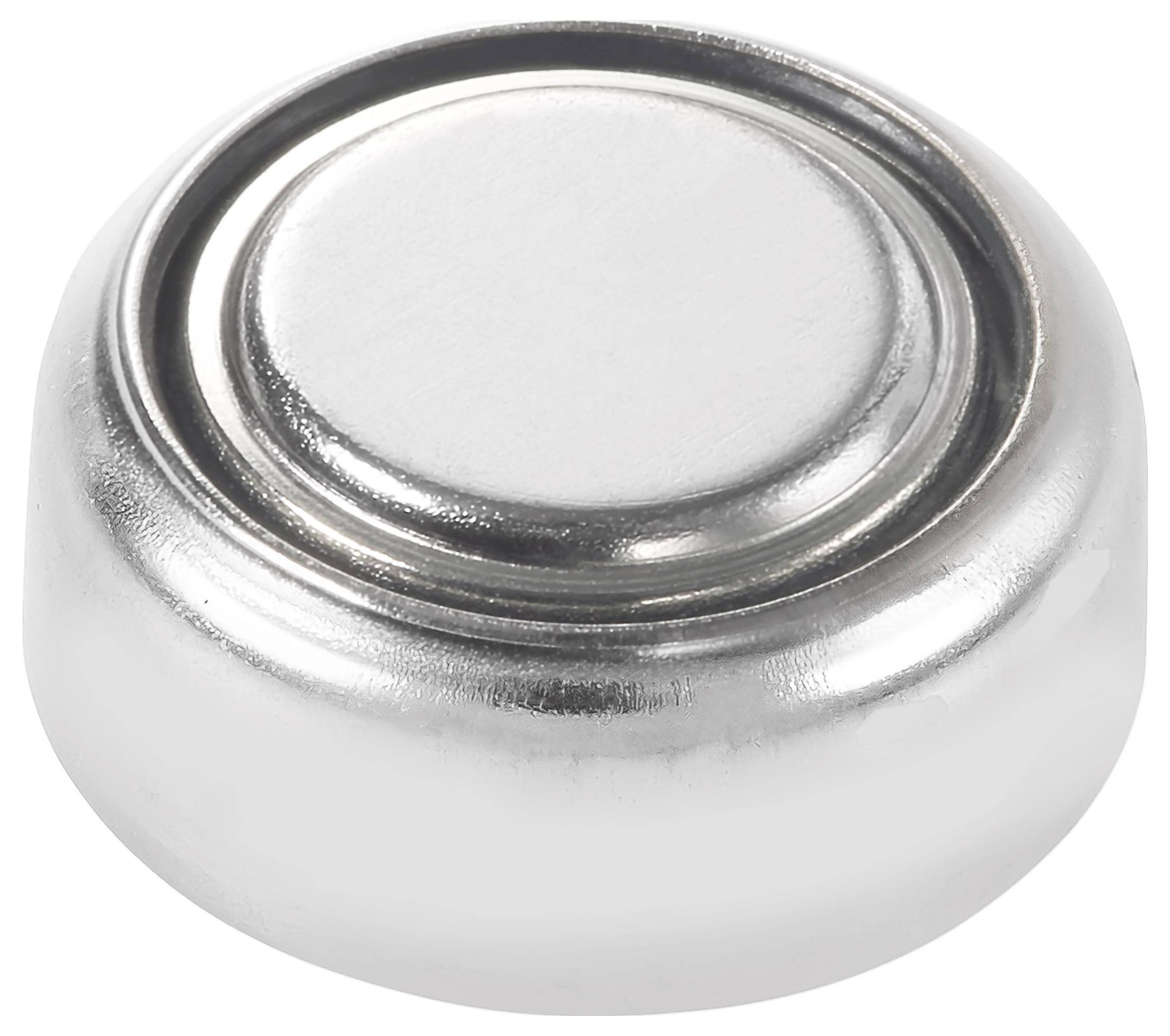 A small, silver, round button battery with a flat top and smooth, shiny surface.