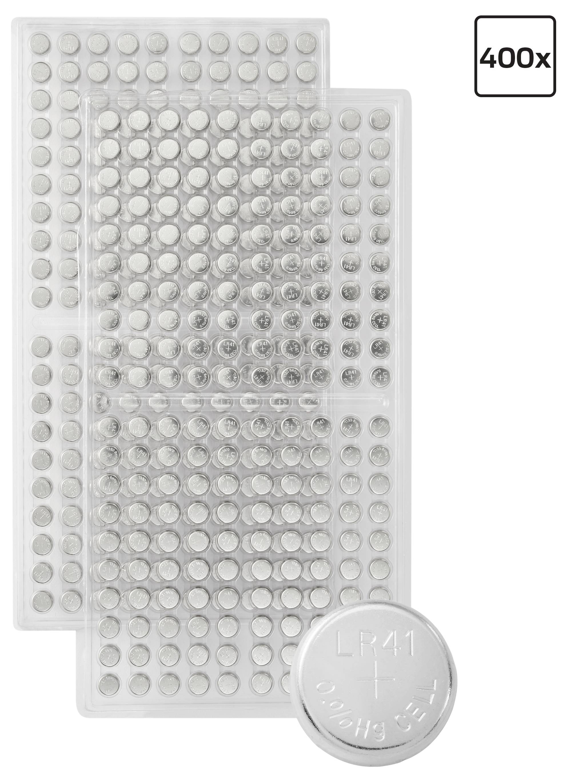 '400x' pack of stacked LR41 button-cell batteries, showing clear packaging with rows of visible individual batteries.