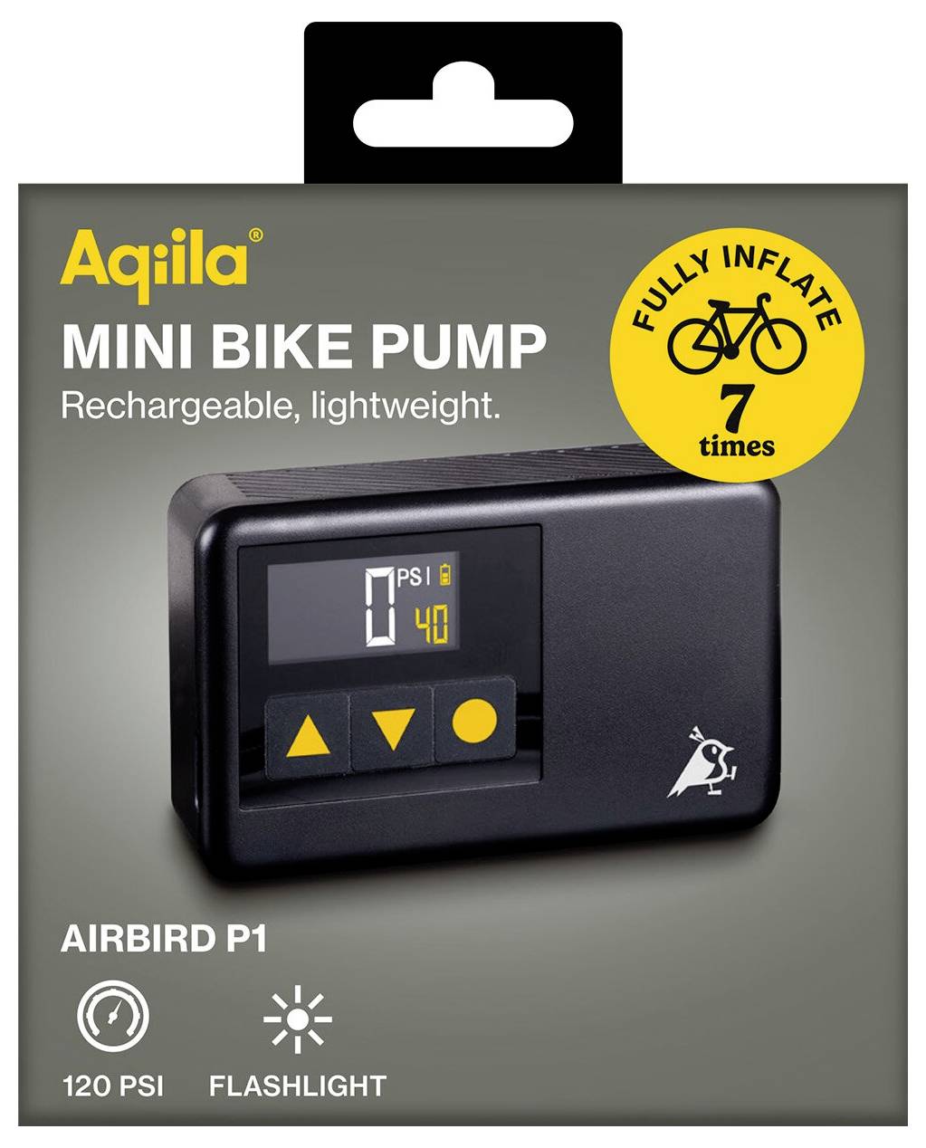 'Mini Bike Pump: Rechargeable, lightweight. Model: AIRBIRD P1. Features 120 PSI and flashlight. Fully inflate 7 times.'