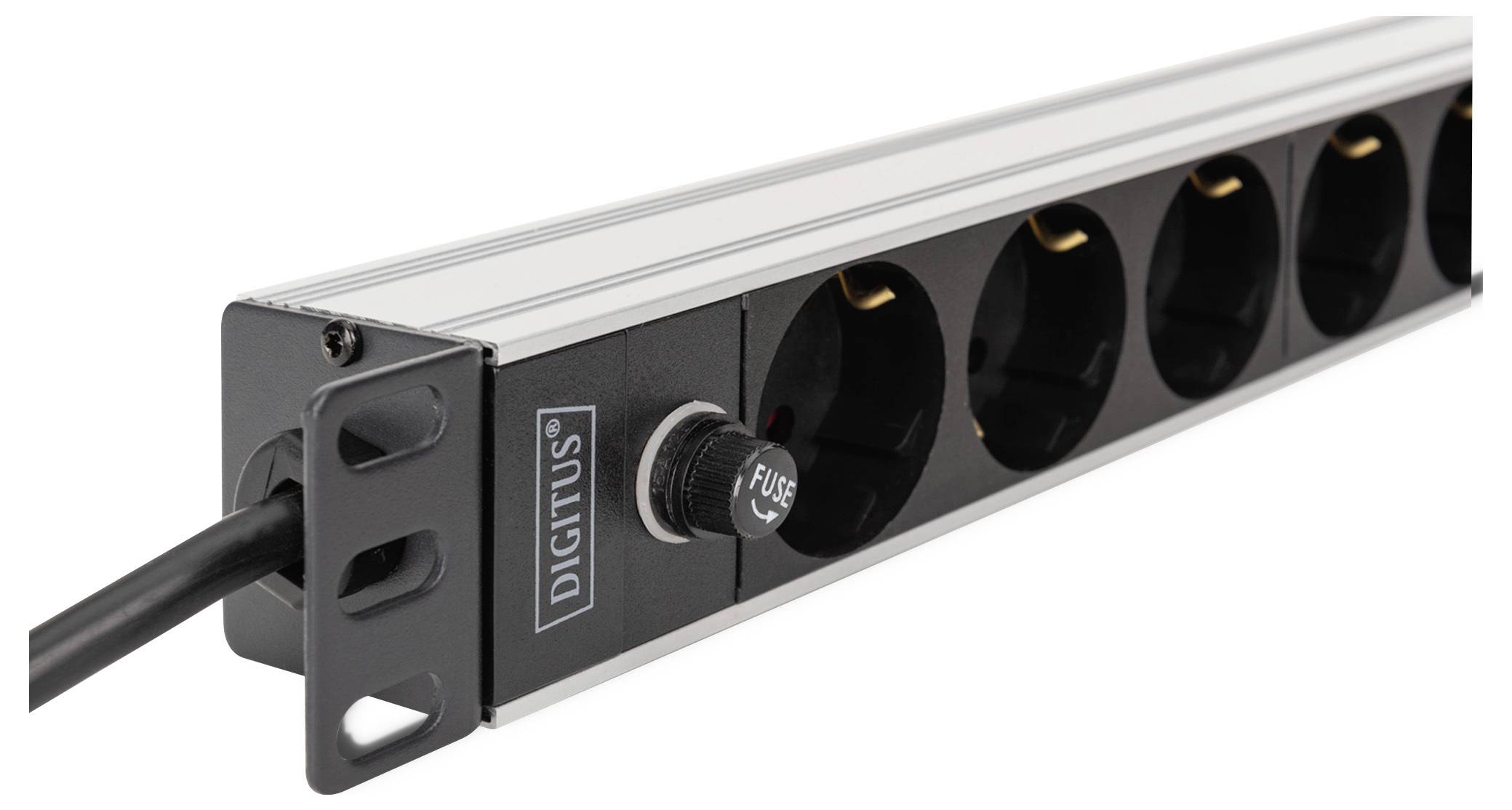 Power strip with six sockets, branded 'DIGITUS'. Features include a fuse and a cable extending from one end. Designed for electronic devices.