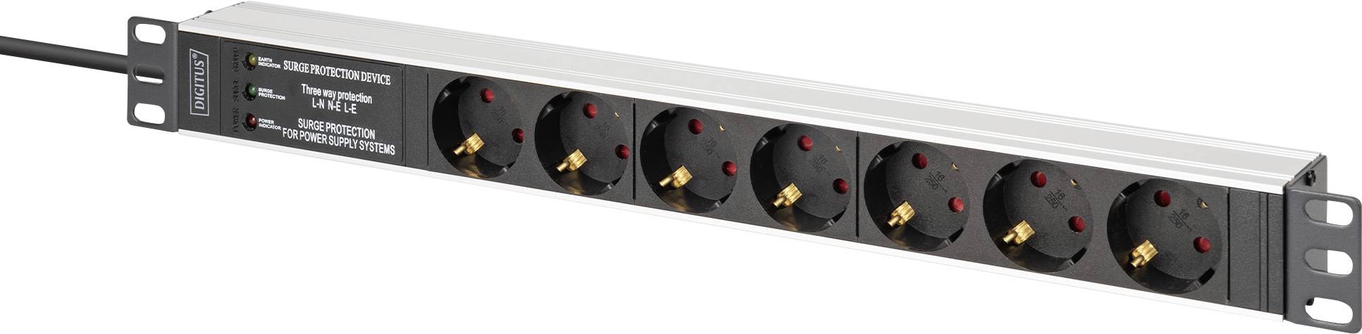 A horizontal power strip featuring multiple black power sockets, designed for rack mounting, with surge protection indicators visible.