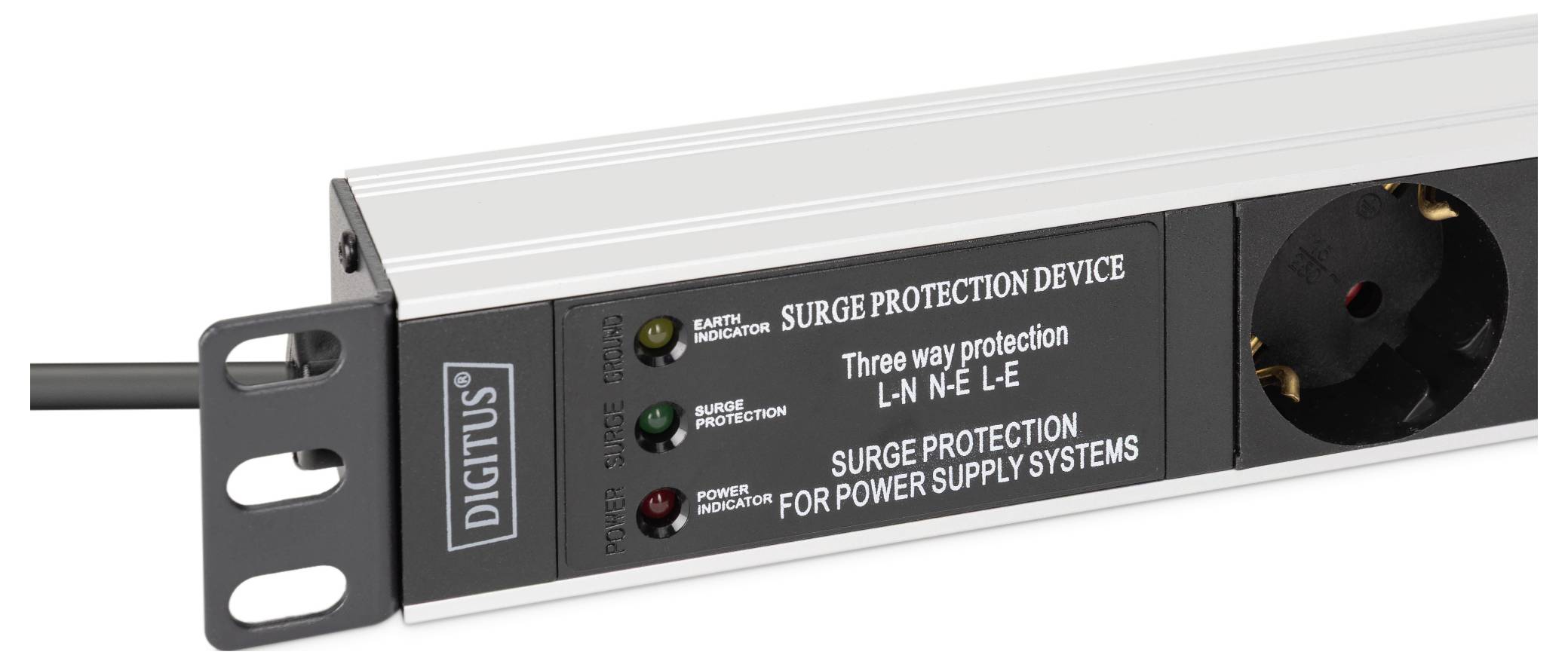 'Digitus' surge protection device with three-way protection. It includes indicators for earth, surge, and power protection, plus an outlet.