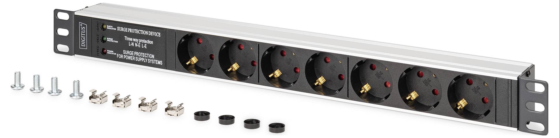 A metal power strip with seven black outlets, mounting screws, and covers displayed. Designed for rack installation in electronic setups.