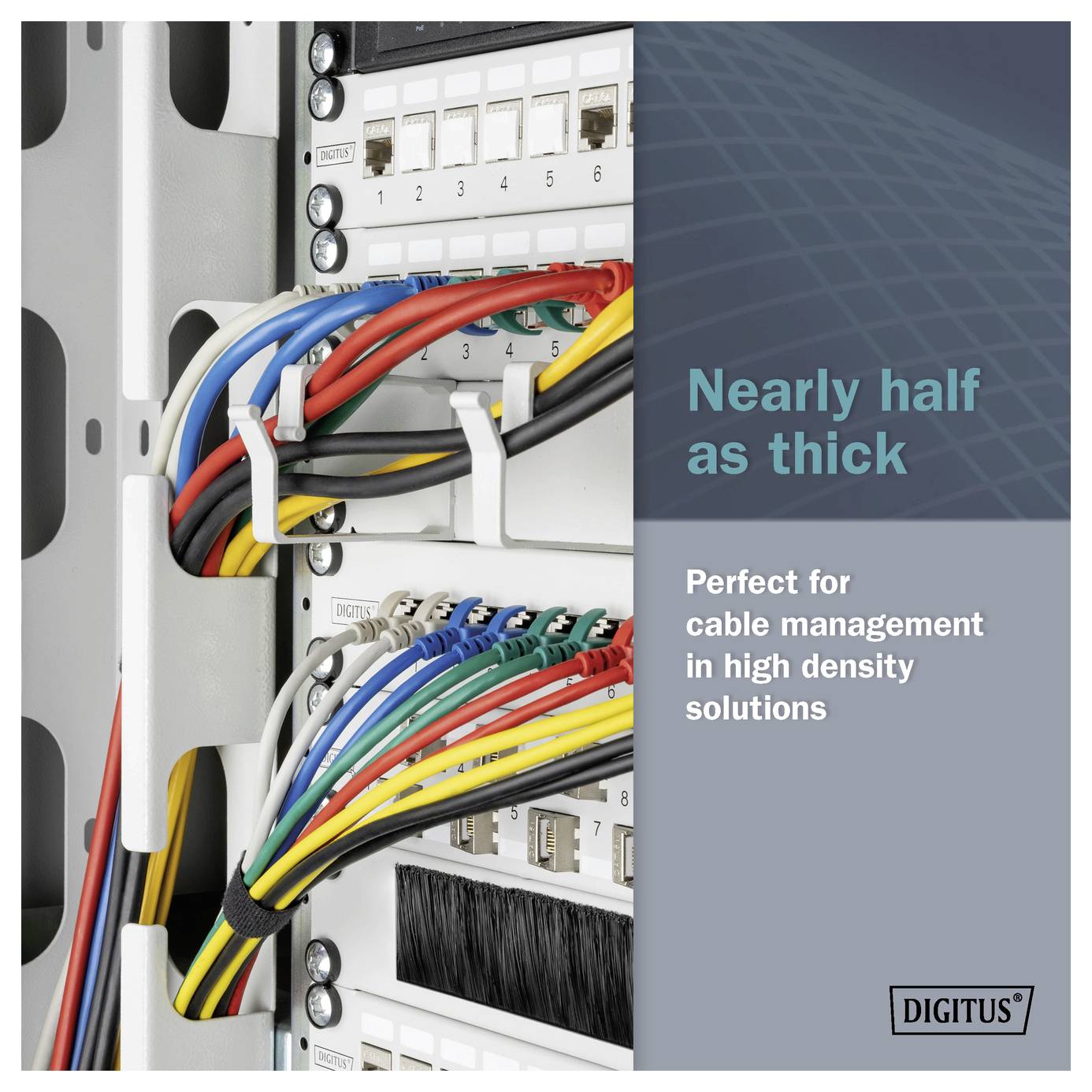 Networking cables organized on a mounted rack, accompanied by the text 'Nearly half as thick. Perfect for cable management in high density solutions.'