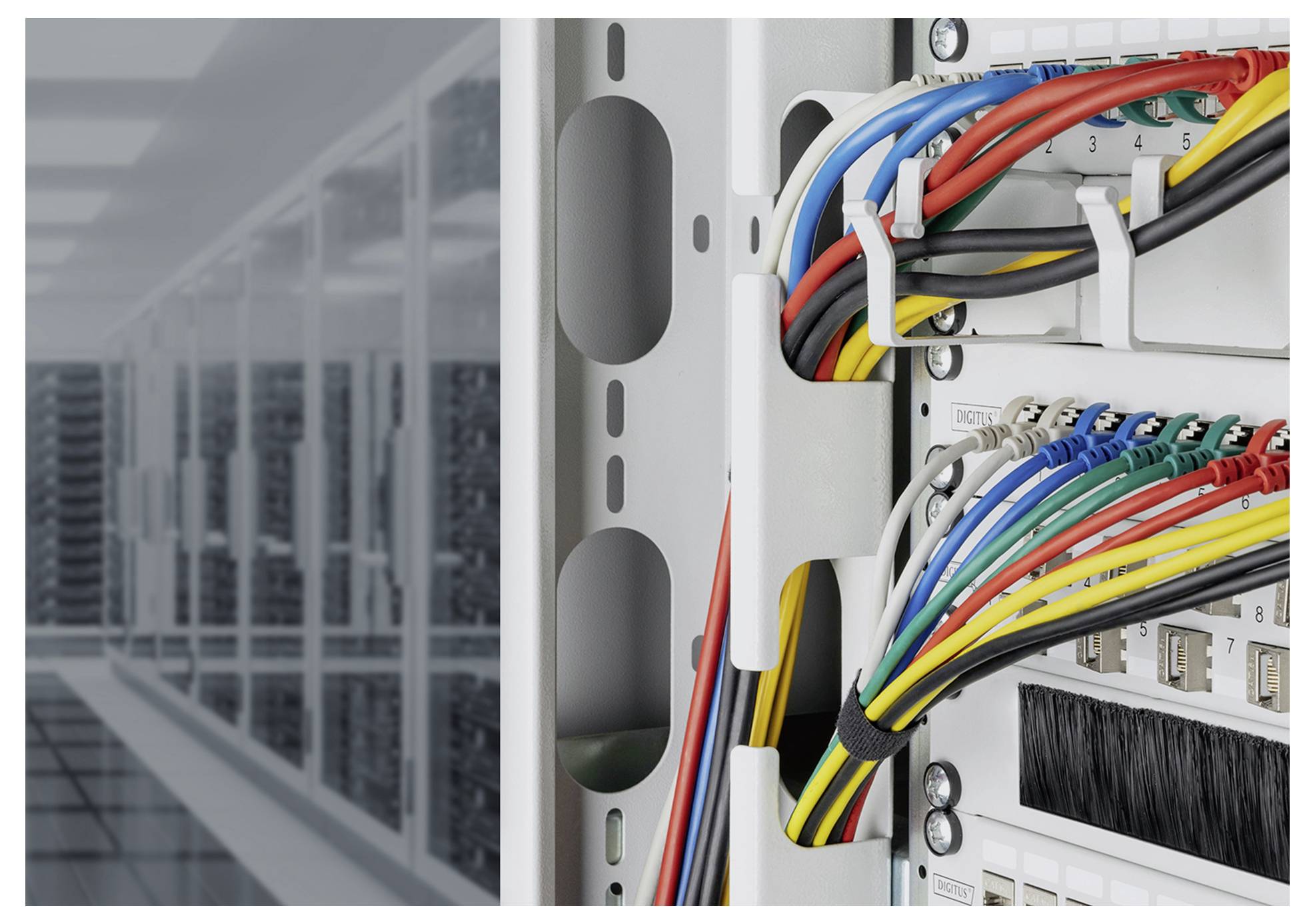 'A close-up of network cables in a server room, showcasing organized colorful wiring and equipment against a backdrop of server racks.'
