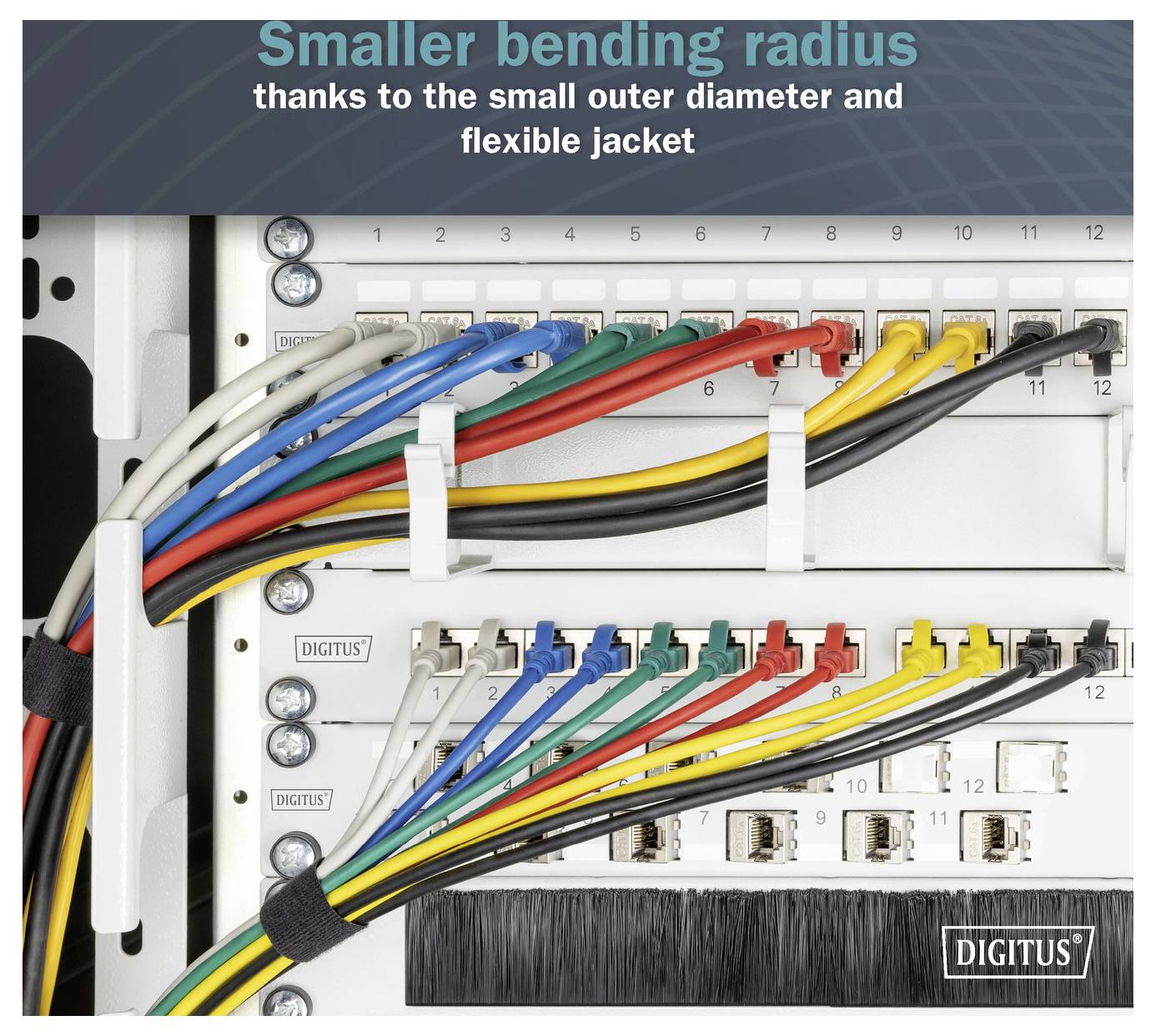 'Network cables are neatly organized and connected to ports, highlighted by a label reading 'Smaller bending radius'.'