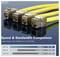 Four yellow Ethernet cables with metal connectors labeled as CAT 6A, 6, and 5e next to a speed and bandwidth comparison chart.
