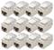 A set of twelve silver RJ45 keystone jacks arranged in a grid pattern, each featuring a metal housing and clip for networking purposes.