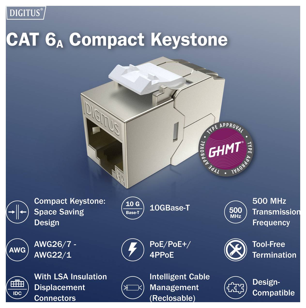 'CAT 6A Compact Keystone' connector with features: 10GBase-T, 500 MHz frequency, PoE/4PoE support, space-saving design, tool-free termination.