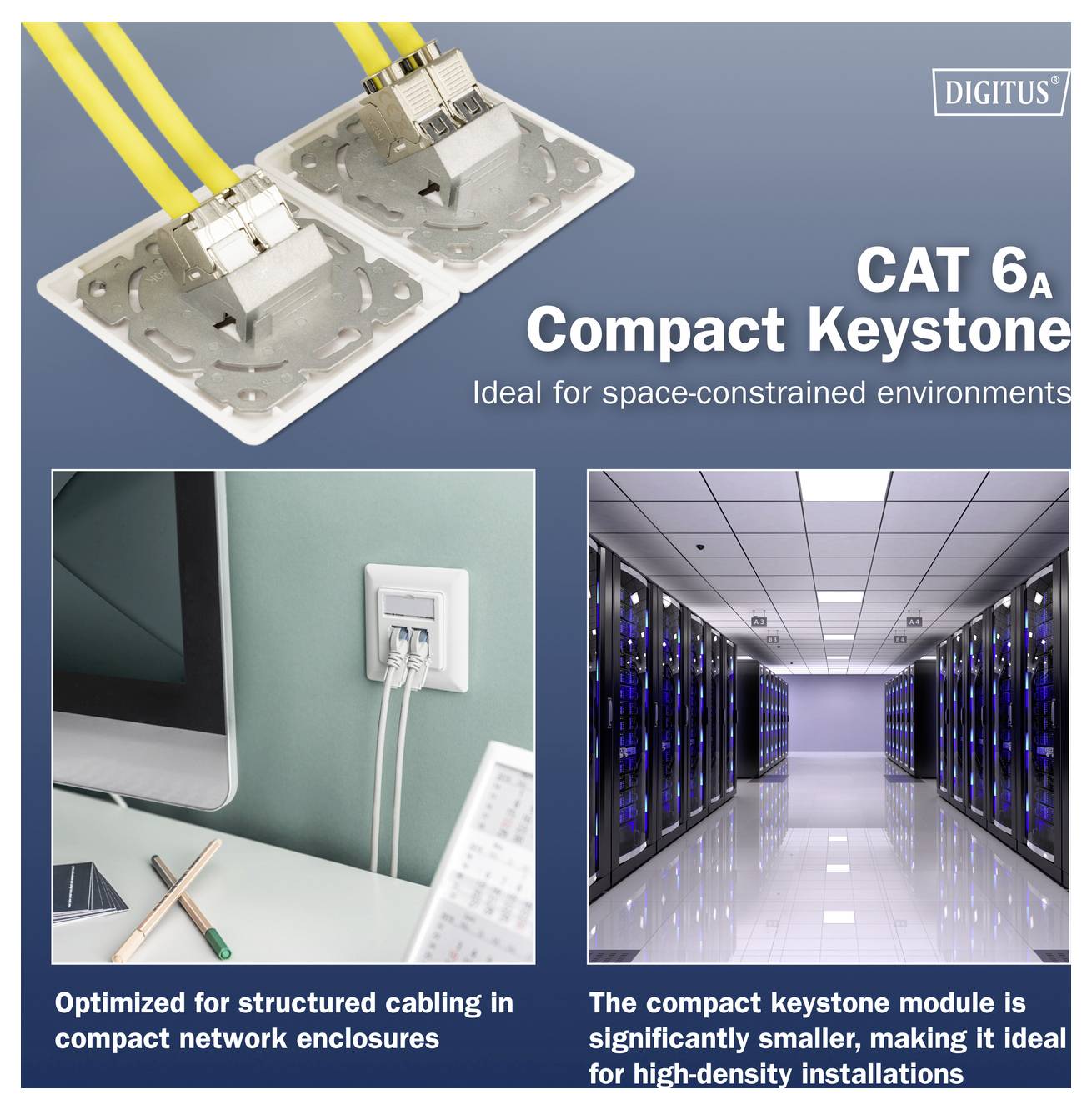 'CAT 6A Compact Keystone' network module is displayed with an office and server room. Text highlights optimization for space-constrained environments.