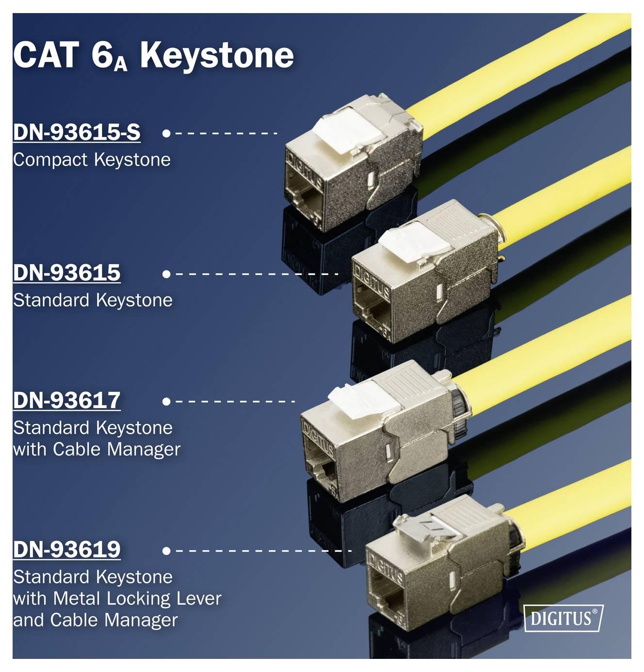 Four types of CAT 6A keystone jacks are displayed with yellow cables: Compact Keystone, Standard Keystone, Standard with Cable Manager, and Metal Locking Lever.