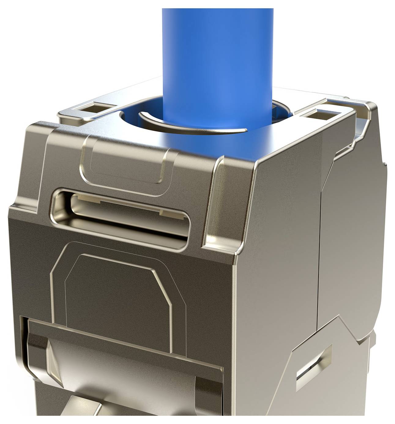 A close-up of an industrial metal connector with a blue cable inserted, showing detailed grooves and slots on the connector's surface.