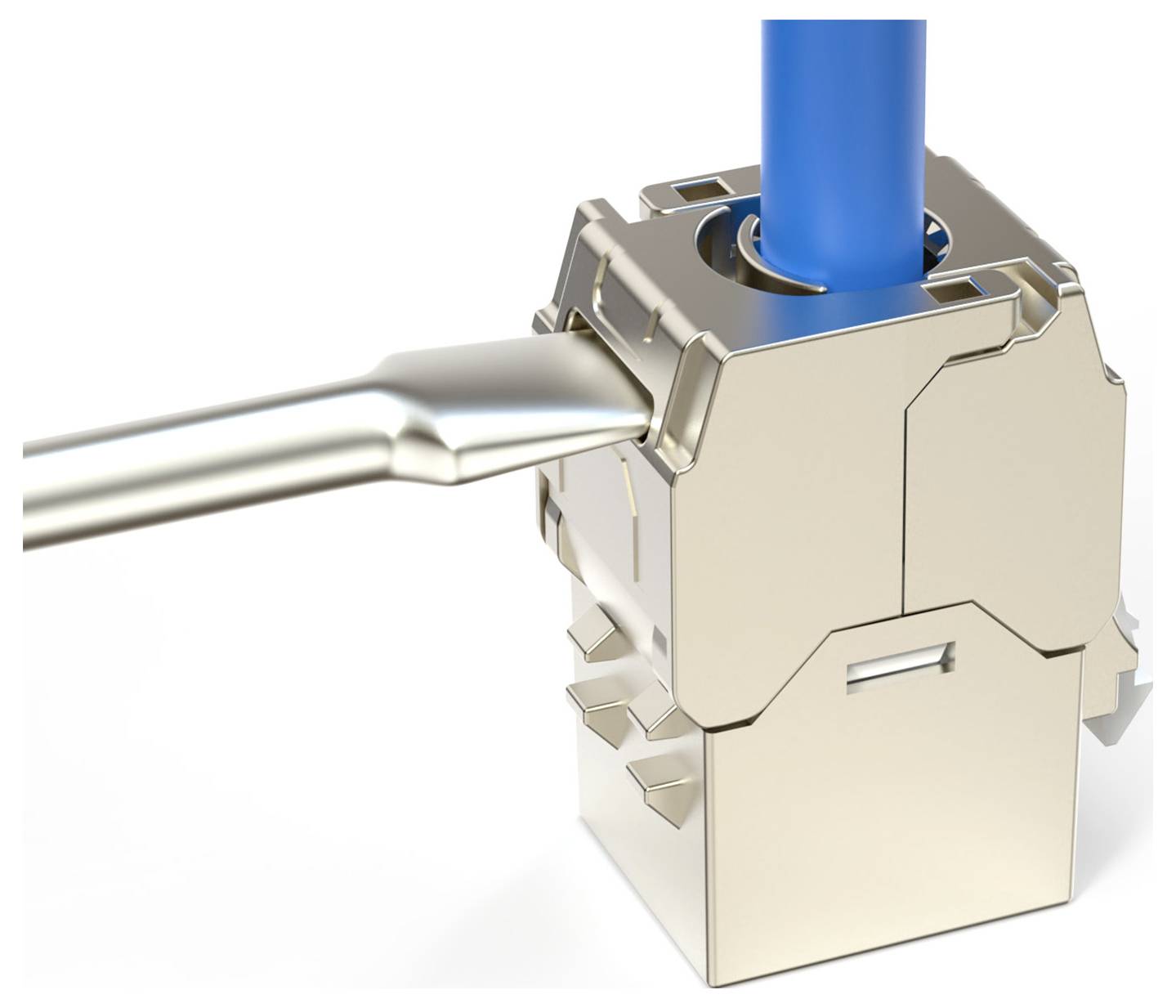 'A metallic electrical connector with a blue cable attached, showing a close-up view of its interlocking parts and structural design.'