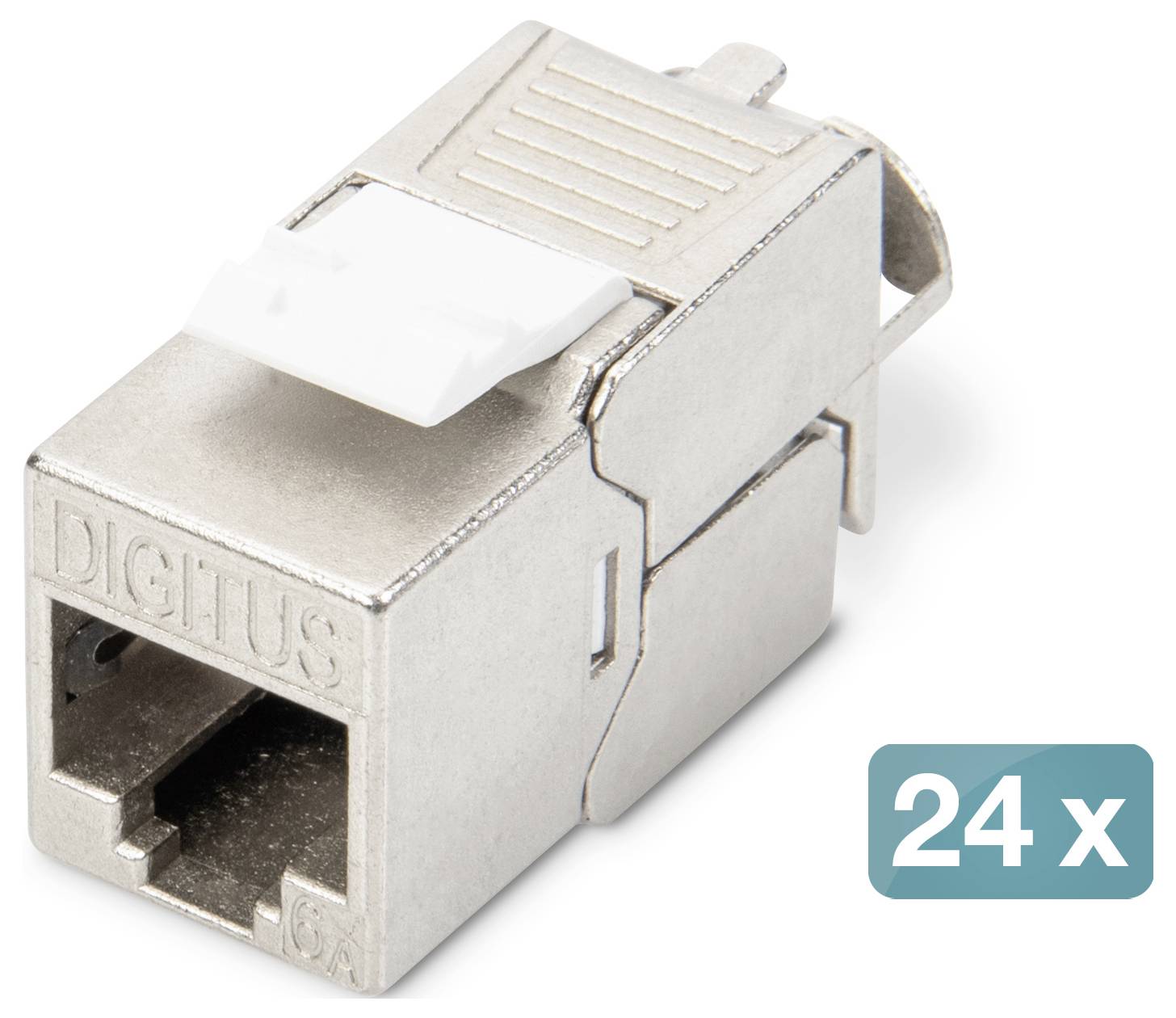 'A close-up of a metal RJ45 keystone network connector with a white clip on top. The label says 'DIGITUS' and 'CAT. 6A'. A '24 x' icon is shown.'
