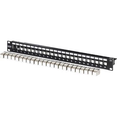 A 24-port network patch panel and a row of corresponding RJ45 connectors, used for managing Ethernet cables in networking setups.