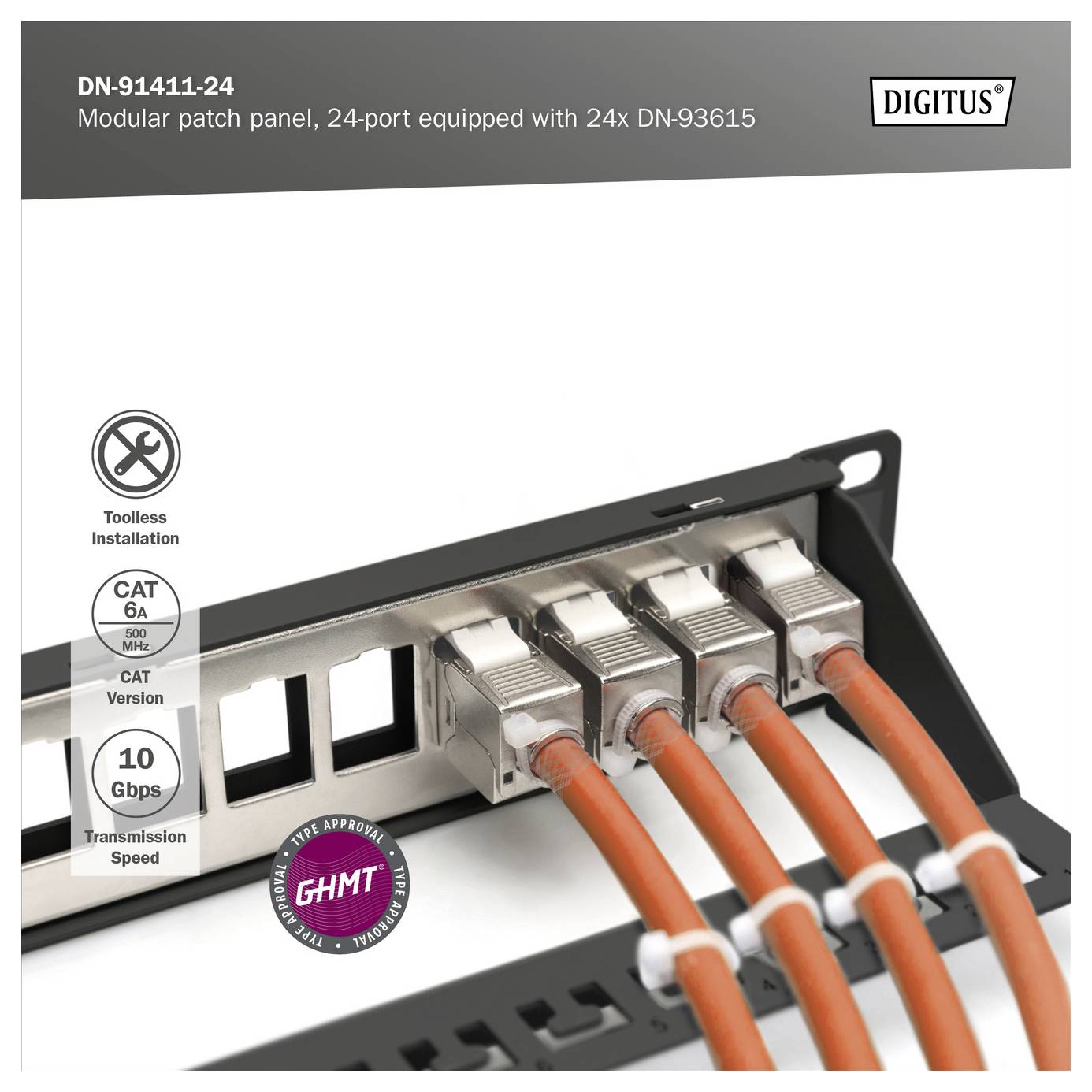'Modular patch panel with 24 ports, equipped with 24x DN-93616 connectors and orange cables, shown in a close-up view.'