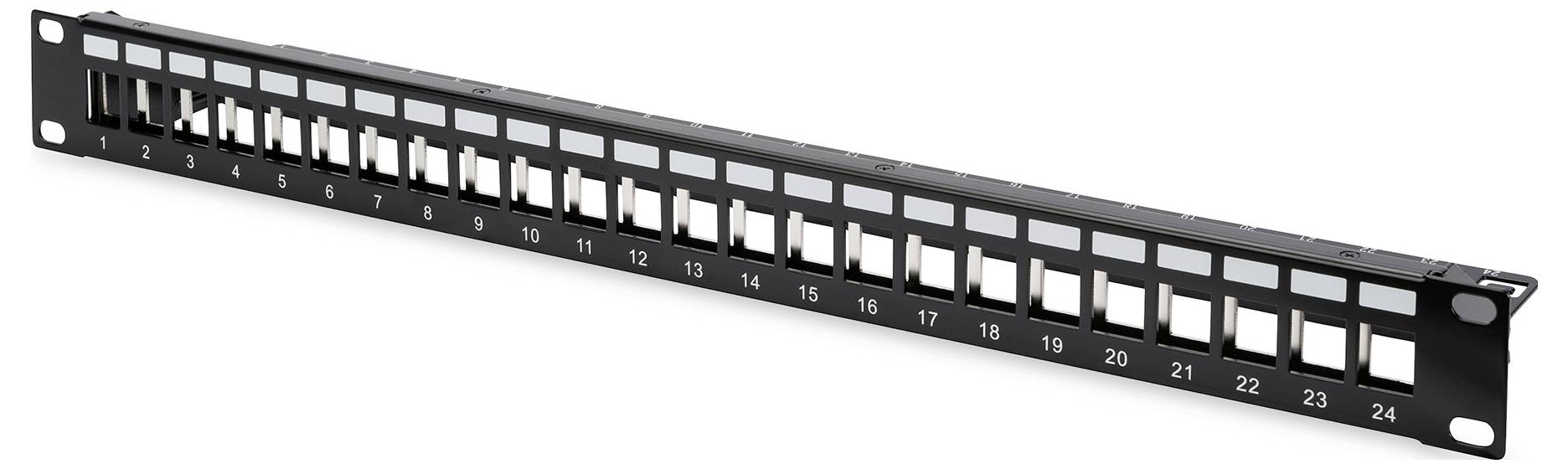 '24-port black patch panel with numbered slots from 1 to 24, used for organizing multiple ethernet cables in network setups.'