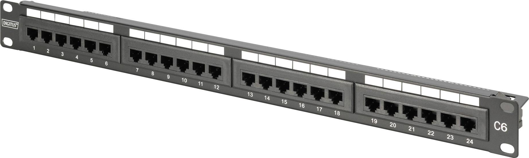 A black 24-port network patch panel with ports numbered 1 to 24.