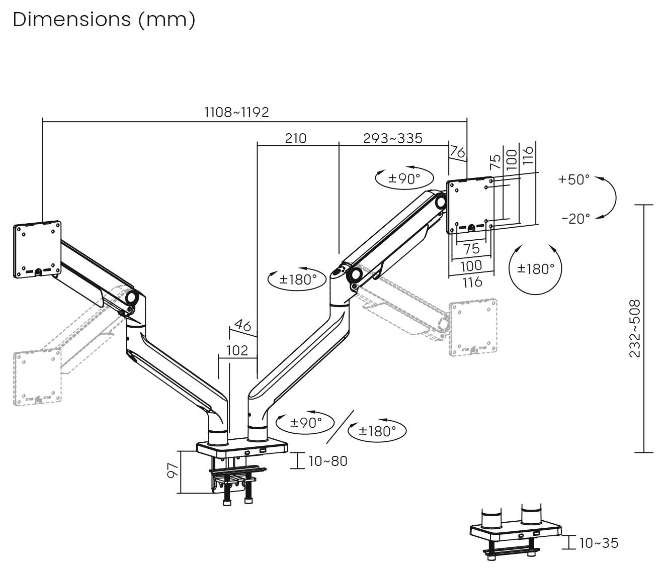 The image is a technical diagram of an adjustable monitor arm, showcasing dimensions and angles. Measurements are given in millimeters.