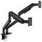 'Black dual monitor arm stand with adjustable joints and clamp base for desk mounting.'