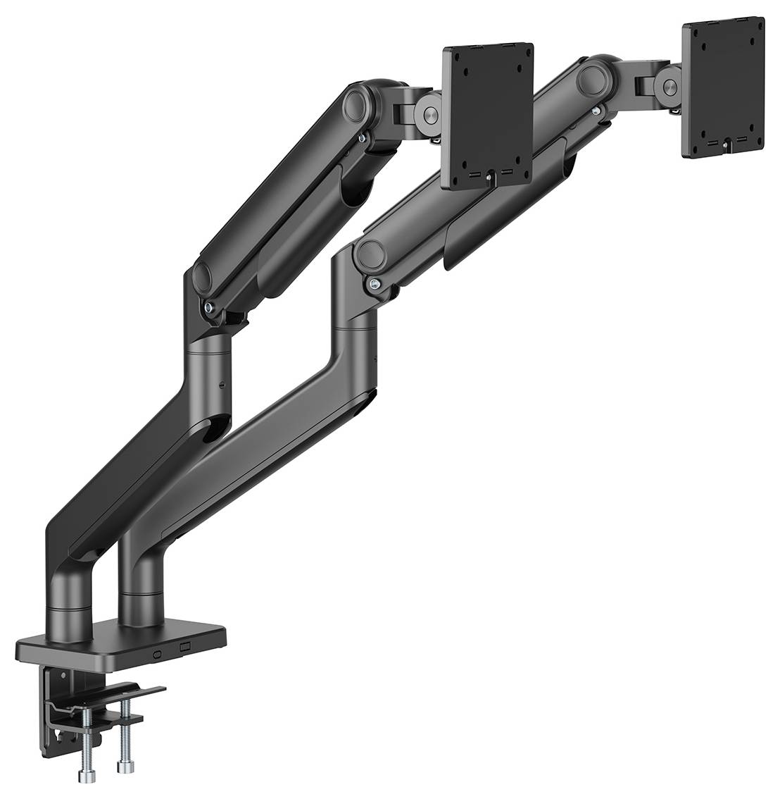 Dual-monitor desk mount with adjustable arms in black, featuring clamp attachment for secure installation on desk.