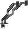Dual-monitor desk mount with adjustable arms in black, featuring clamp attachment for secure installation on desk.