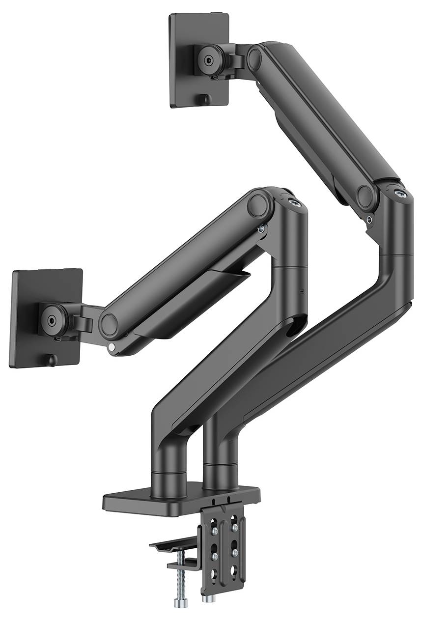 Dual monitor desk mount with adjustable arms, black finish, mounted on a clamp base. Suitable for ergonomically arranging computer screens.