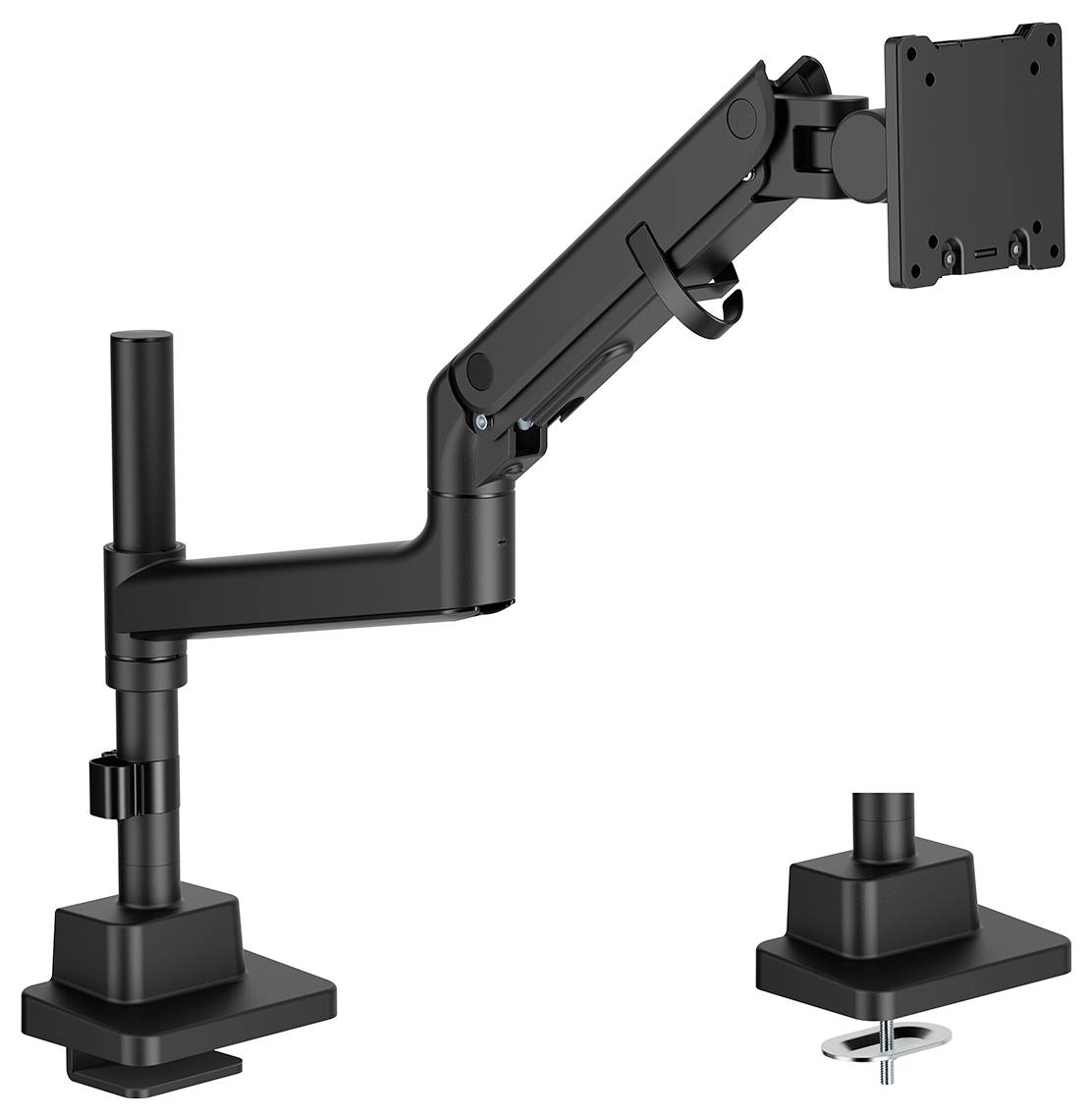 A black, adjustable monitor arm with a clamp mount, showcasing its flexibility and mounting capabilities for a desk setup.