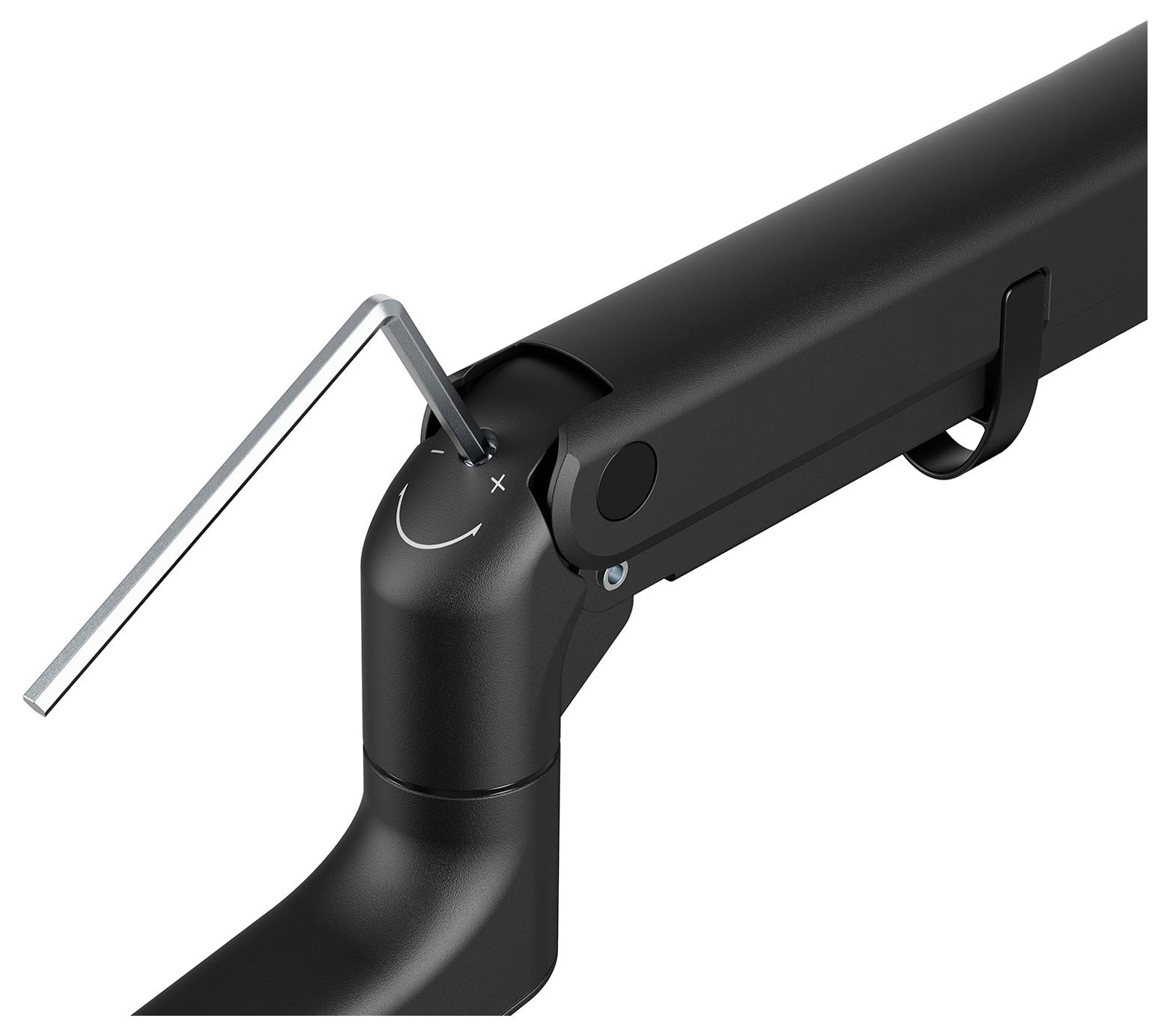 'Black adjustable arm with a hex key inserted, showing adjustment controls with plus and minus symbols for tension settings.'